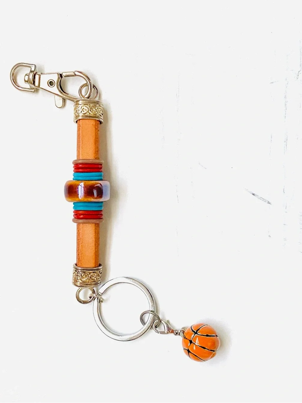 Leather Bead Keychain with Orange Basketball Charm